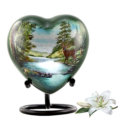 Deer Heart Keepsake Urn for Ashes, Hunting Urn, Mini Buck Urn, Hand Painted Memorial Mini Heart Urn, Handmade Miniature Forest Heart Urn with Stand, Premium Case & Bag, Metal