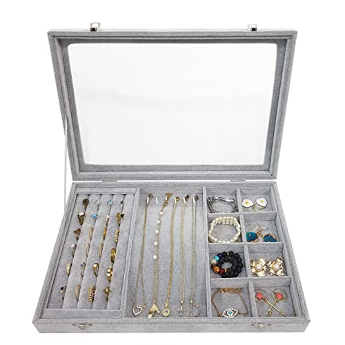 Ice Velvet Jewelry Organizer Box for Women Girlfriend Wife 8 Grids & 5 Slots & 6 Necklace Hooks