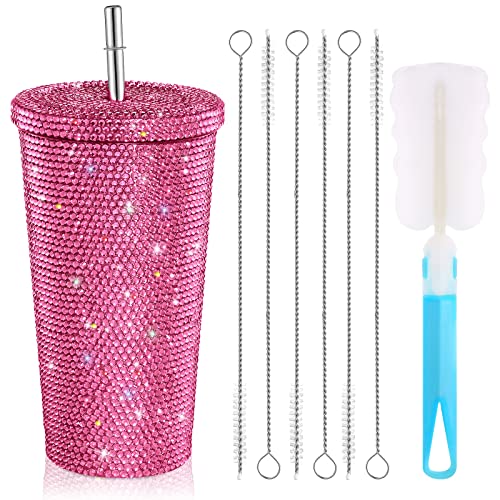 Mimorou Studded Bling Diamond Tumbler Glitter Water Bottle with Lid Stainless Steel Vacuum Thermal Straw Rhinestone Tumbler with 1 Pcs Cup Brush 6 Pcs Straw Brushes for Women(16.9 oz,Pink) Pink 16.9 Ounces