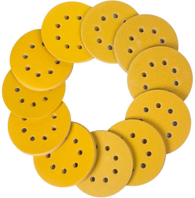 Stebruam Pack of 110 Sandpaper 125 mm Velcro for Eccentric Sanders | Professional Gold Round 125 Sanding Discs Round 8 Holes for 8 Hole Round Random Orbital Sander Sanding (60-800 with Grit) Pack of 110 mix grit
