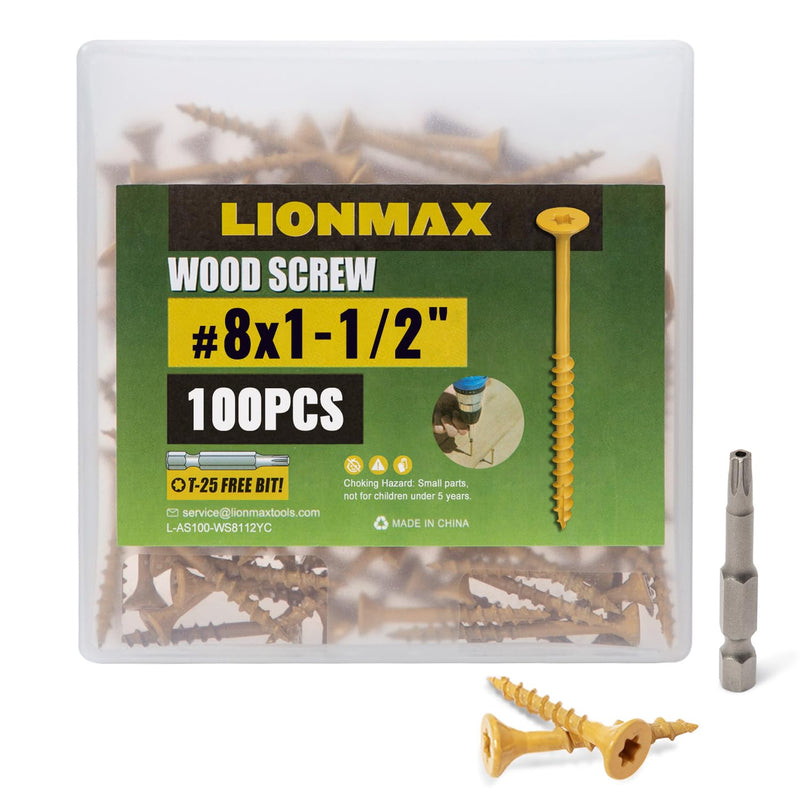 [Australia - AusPower] - LIONMAX Wood Screws 1-1/2 Inch, Deck Screws #8 x 1-1/2", 100 PCS, Rust Resistant, Epoxy Coated, Exterior Wood Screw, Outdoor Decking Screws, Torx/Star Drive Head, T25 Star Bit Included, Tan #8 x 1-1/2" 