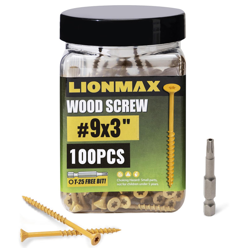 [Australia - AusPower] - LIONMAX Deck Screws 3 Inch, Wood Screws #9 x 3", 100 PCS, Rust Resistant, Exterior Epoxy Coated, Outdoor Decking Screws, Torx/Star Drive Head Deck Screw, T25 Star Bit Included, Tan #9 x 3" 