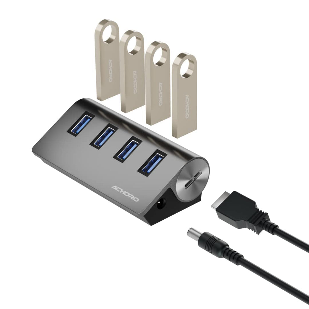 [Australia - AusPower] - ACHORO 4 Ports High-Speed Powered USB Hub – A Efficient Computer Data Transfer Powered USB 3.0 Hub – Premium Quality Aluminium Alloy External USB Port with Extra USB Ports for Mac & PCs (Gray) GRAY 