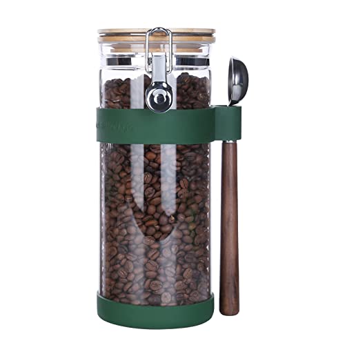 KKC Vacuum Sealed Coffee Bean Storage Container with Scoop,Airtight Glass Container Jar with Hinged Lid and Spoon for Ground Coffee,Loose Leaf Tea,Brown Sugar,Nut,Oatmeal,54 Fl oz 54 Floz + Scoop +Silicon sleeve