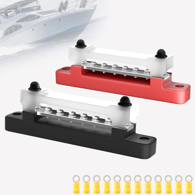 [Australia - AusPower] - PSEQT 6 Terminal Bus Bar Ground Power Distribution Terminal Block Bus Bar with Cover for Auto Marine Car Pickup Trailer RV Boat - Red & Black 2Pcs 6 Way Terminal Bus Bar w/ Red&Black Base 