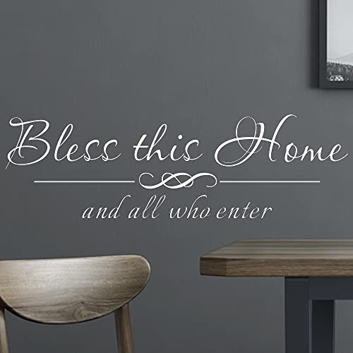 Bless This Home and All Who Enter - Pure Vinyl Wall Decal Quote Carved Letters Home Entryway Lettering Blessed Christian Art Handwriting Stickers Room Decor - White