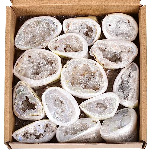 JIC Gem 0.88 Lbs Angel Aura Quartz Crystals Geode Druzy Cluster Titanium Coated Natural Irregular Rock Gemstone Specimen 1.2-2.5" Ab Color(0.88 Lbs)