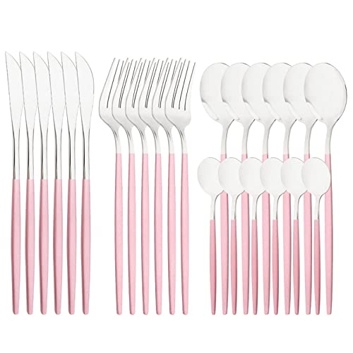 Mirror Cutlery Serving Set, 24-piece 18/0 Stainless Steel Silverware With Pink Handle Simple & Modern Tableware For Home Party Restaurant Christmas Dinner, Service For 6 (Pink Silver) Pink silver