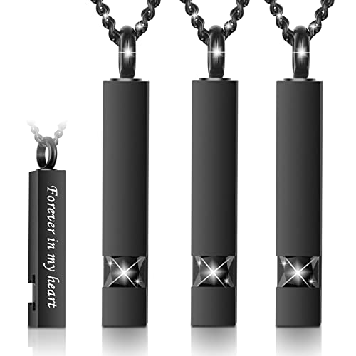 3 Pack Urn Necklace for Ashes Memorial Cremation Jewelry for Ashes, CZ Bar Urns Pendant Stainless Steel Urn Locket for Ashes Keepsake Jewelry with Words: Forever in my heart & Funnel Kit & Bag Black