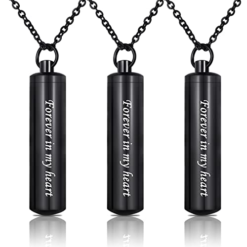 3 Pack Urn Necklace for Ashes Memorial Cremation Jewelry for Ashes, Cylinder Urn Locket for Ashes Stainless Steel Urns Pendant Keepsake Jewelry with Words: Forever in my heart & Funnel Kit & Bag Black