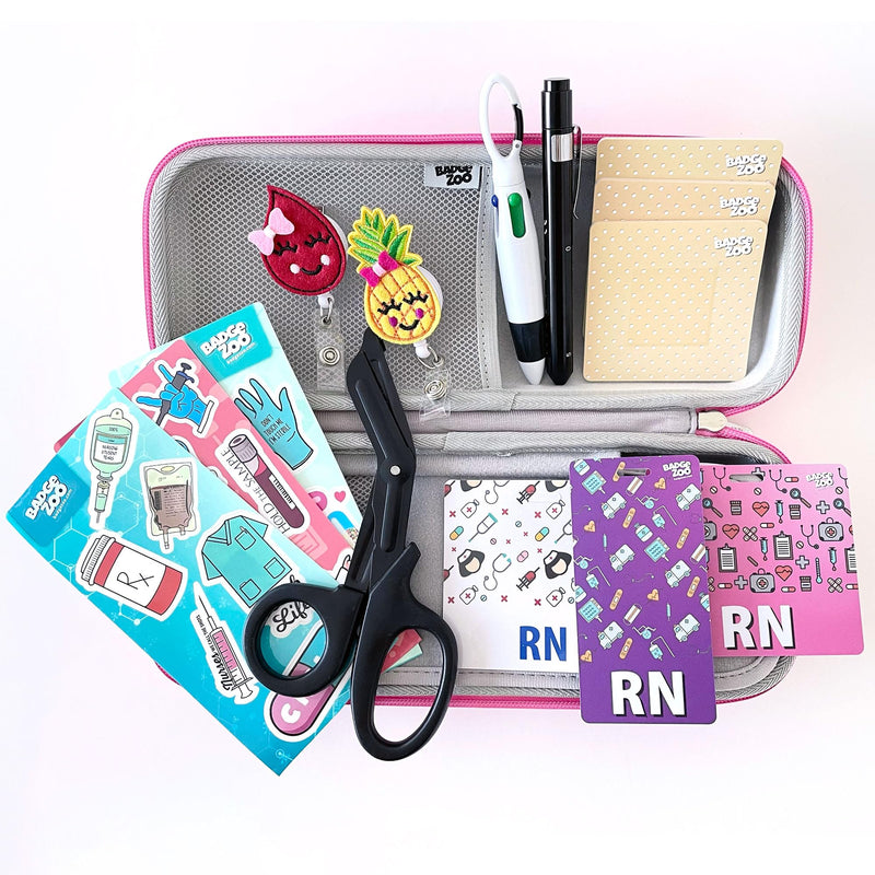 [Australia - AusPower] - Pink Stethoscope Case, Perfect Student Nurse Gift or for Any Medical Professional Includes Medical Scissors, Penlight, RN Badge Buddies, Nurse Stickers, and Sticky Notes. in a giftable Packaging. Pink 
