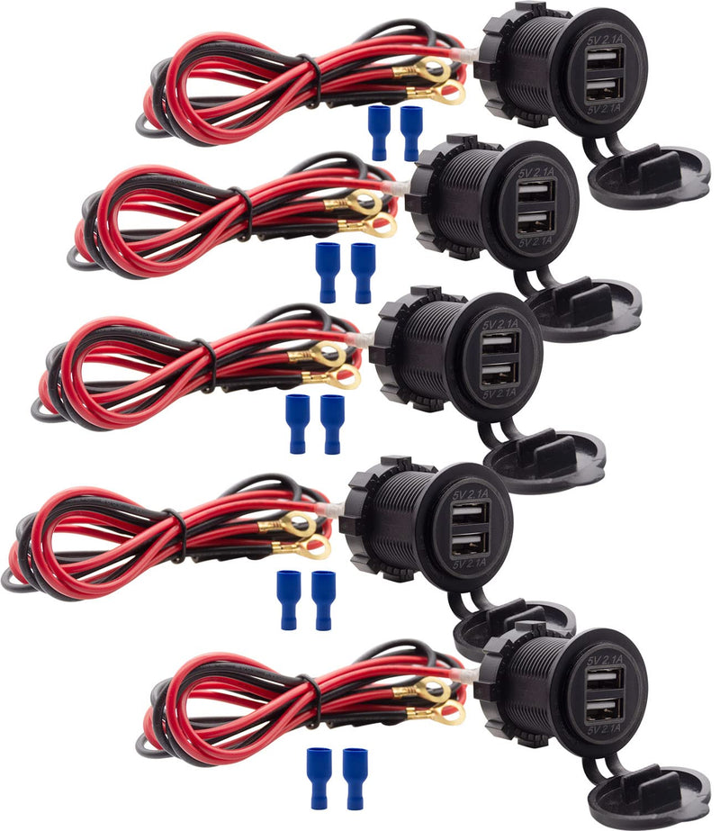 [Australia - AusPower] - [5 Pack] 12V USB Outlet, Dual USB Quick Charger Socket Waterproof Power Outlet 12V/24V 2.1A & 2.1A for Car Golf Cart Boat Marine Bus Truck RV Marine Motorcycle, Blue LED 