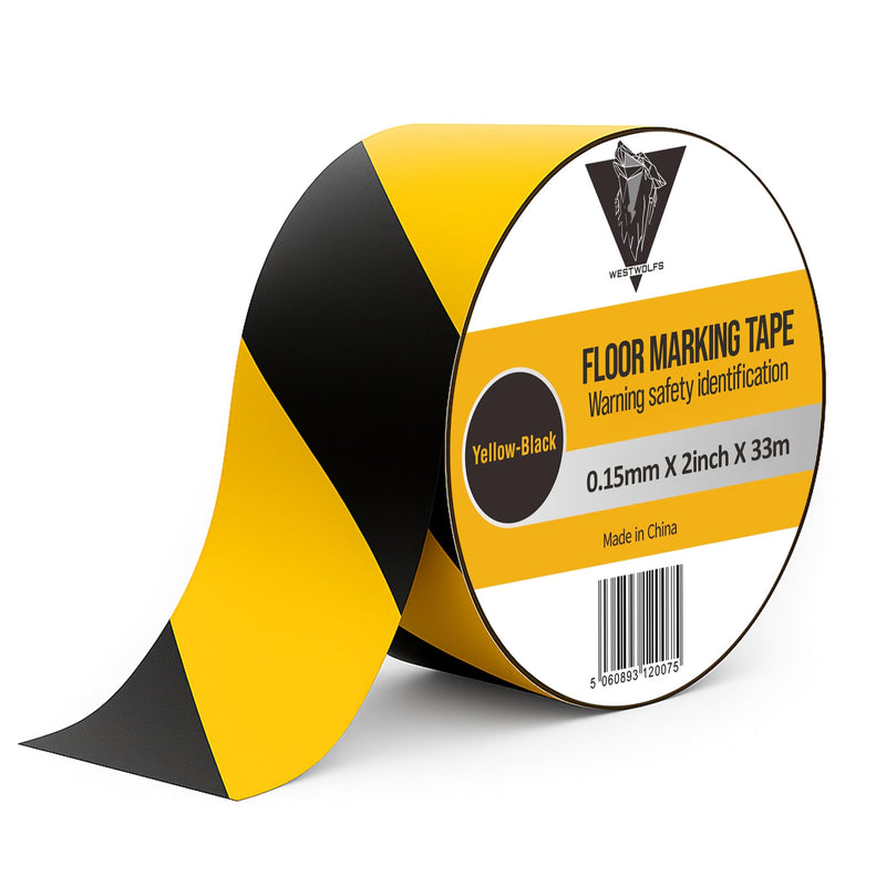 Floor Tape 2 Inch 108 FT Black & Yellow Safety Tape for Floor, Waterproof Strong Adhesive Caution Tape Roll Ideal for Indoor/Outdoor Walls, Pipes, Factory and Construction Sites
