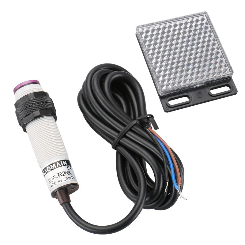 [Australia - AusPower] - Baomain Photoelectric Sensor E3F-R2NK Retroreflective Optical Sensor Switch DC 10-30V NPN NO Sensing Distance 2m with Reflector Panel 