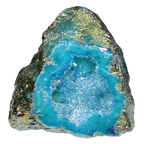 TUMBEELLUWA Titanium Coated Blue Crystal Cluster Geode for Home Decor Medium