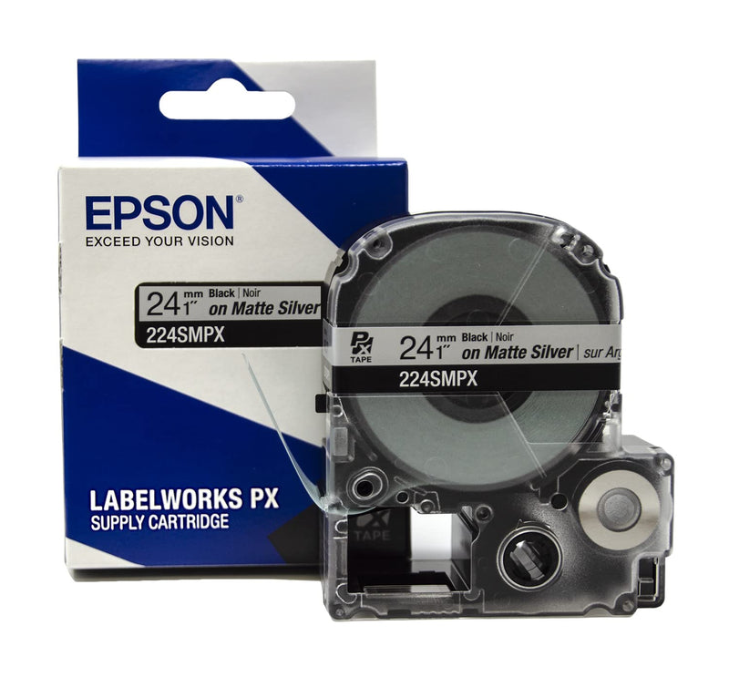 Epson LABELWORKS 224SMPX Genuine PET (Polyester) Tape Cartridge - Black on Silver Matte Label Maker Tape - 1" (24MM) Wide, 30'