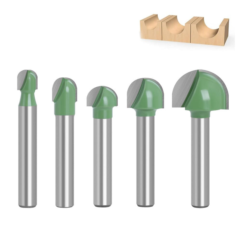 Shank Router, Hollow Chamfer Cutter, 6 mm, 5 Pieces, Round Nose Cove Core Box Milling Cutter, Woodworking Cutter, Carbide Woodworking Mill, Radius Cutter Ball Cutter, Green, 6 mm / 8 mm / 10 mm / 12 mm / 18 mm