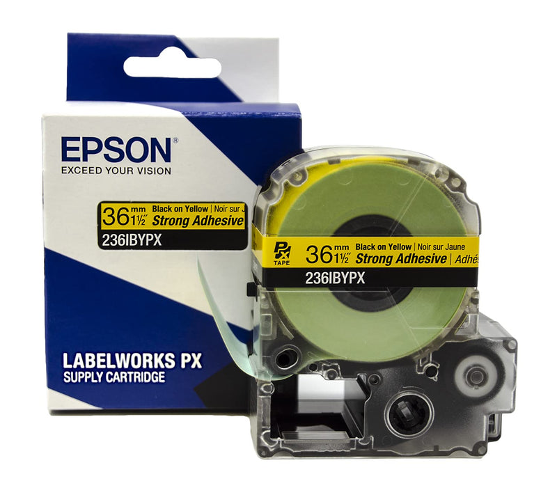 Epson LABELWORKS 236IBYPX PET (Polyester) Tape Cartridge - Black on Yellow Strong Adhesive Standard Industrial Label Maker Tape - 1.5" (36MM) Wide, 30' 36mm