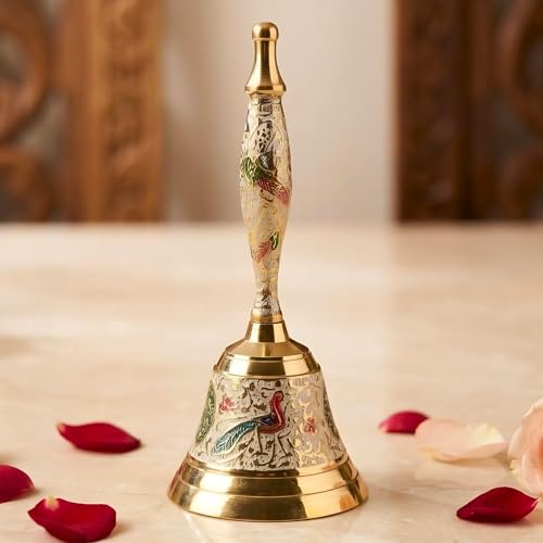 LoveNspire Decorative Brass Peacock Bell for Pooja (6.5 Inch) - Traditional Indian Ghanti for Home, Mandir, and Housewarming | Ideal for Diwali, Christmas, and Spiritual Temple Décor White
