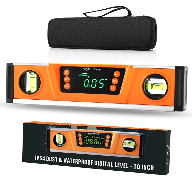 [Australia - AusPower] - 10-Inch Digital Torpedo Level and Protractor | Neodymium Magnets | Bright LED Display | V-GROOVE MAGNETIC BASE | IP54 Dust/Water Resistant smart level with Carrying Bag Orange 