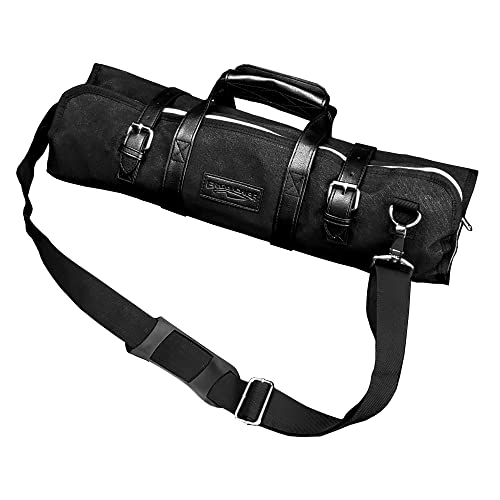 Ergo Chef Heavy Duty Waxed Canvas 10 Pocket Chef Knife Roll Bag Knife Case with Mesh Tool Pocket (Black) Durable Knife Case with Handle, Removable Shoulder Strap & Large Zippered Mesh Pocket 10 Pocket - Black