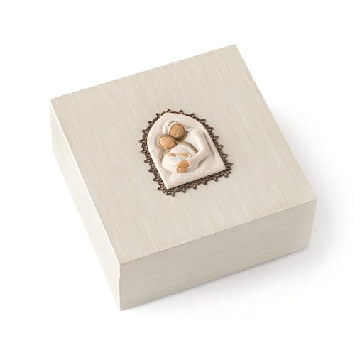 Hand-painted Willow Tree Holy Family memory box with bas-relief design, antique-style decorative wooden box for keepsakes.