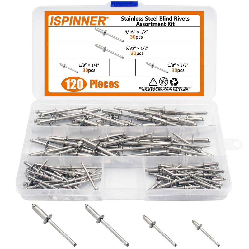 [Australia - AusPower] - ISPINNER 120pcs 304 Stainless Steel Blind Rivets, Pop Rivets Assortment Kit 
