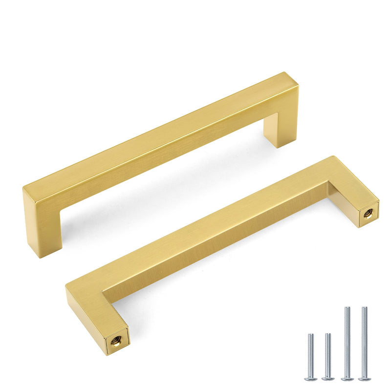 goldenwarm 10 Pack 5 inch Gold Cabinet Pulls Brushed Brass Drawer Handles Modern Square Stainless Steel Hardware Pull for Kitchen Cupboard Dresser 5 Inch Hole Center
