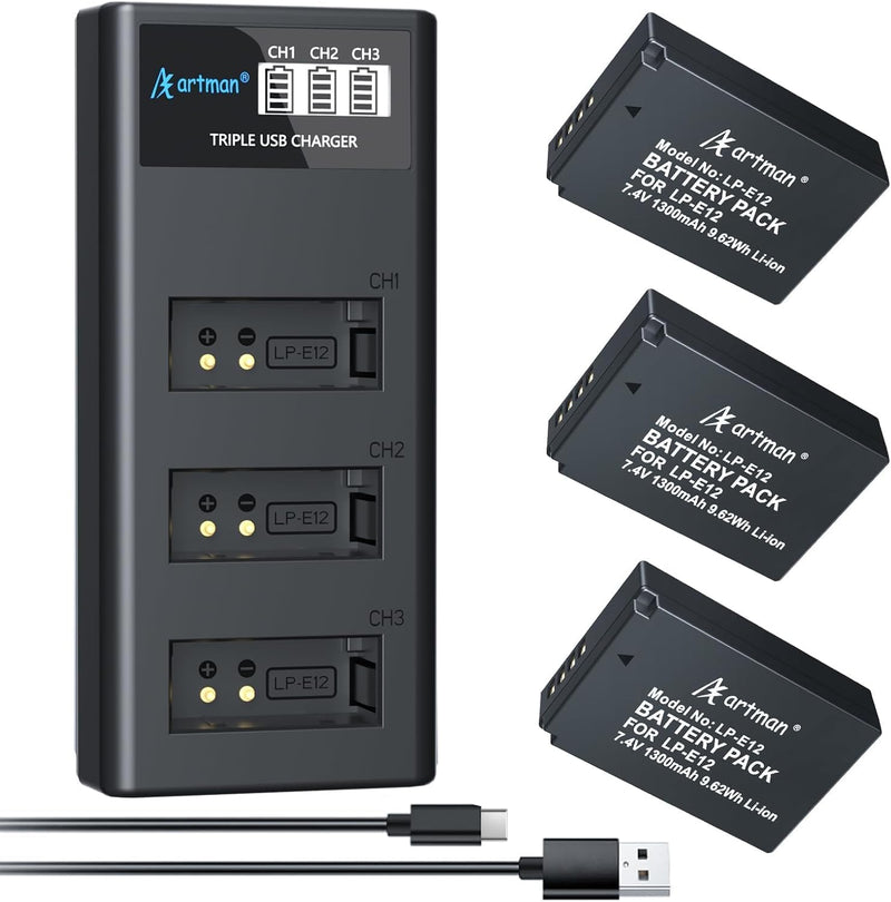 [Australia - AusPower] - FirstPower LP-E12 Battery 3-Pack and Triple Slot Charger for Canon EOS M50, EOS M50 Mark II, EOS M, EOS M2, EOS M10, EOS M100, EOS M200, Rebel SL1, PowerShot SX70 HS Digital Cameras 