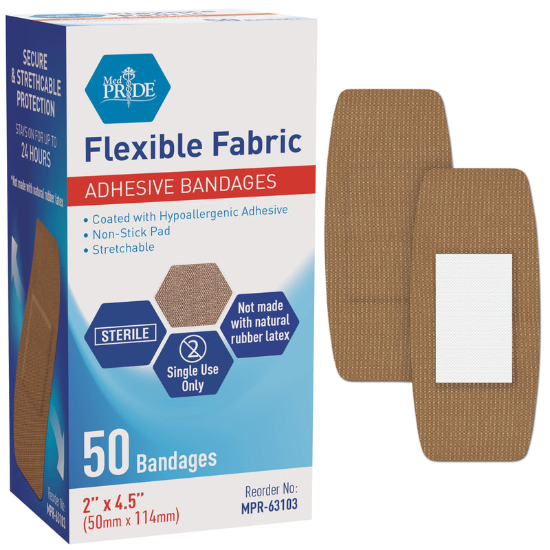 [Australia - AusPower] - MED PRIDE Sterile Fabric Adhesive Bandages [50 Count]- First Aid Bandages Coated with Hypoallergenic Adhesive & Non-Stick Pad- Latex-Rubber Free Wound Care Bandages- Individual Wrapped- 2 x 4.5'' 2 x 4.5'' - 50 Count 