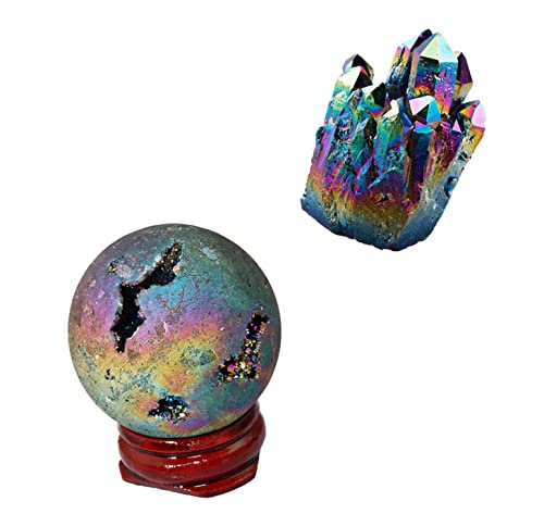 Rockcloud 2 Pcs Titanium Coated Rainbow Quartz, Crystal Table Desk Decoration for Home Party, Raw Quartz and Stone Sphere