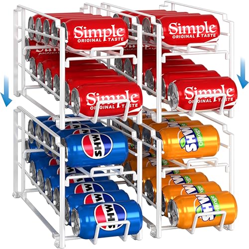 Four white Simple Houseware stacking soda can dispensers arranged in a neat, space-saving organizer on a countertop.