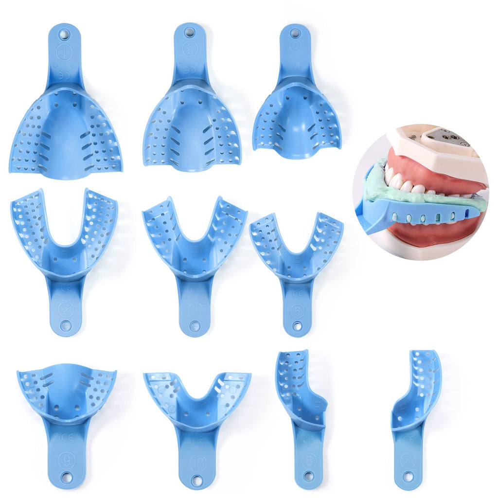 Annhua Dental Impression Trays Autoclavable 10 PCS, Perforated Impression Trays Set Plastic Teeth Holder for Dental Clinic, Lab Equipment, Dental Students - Blue