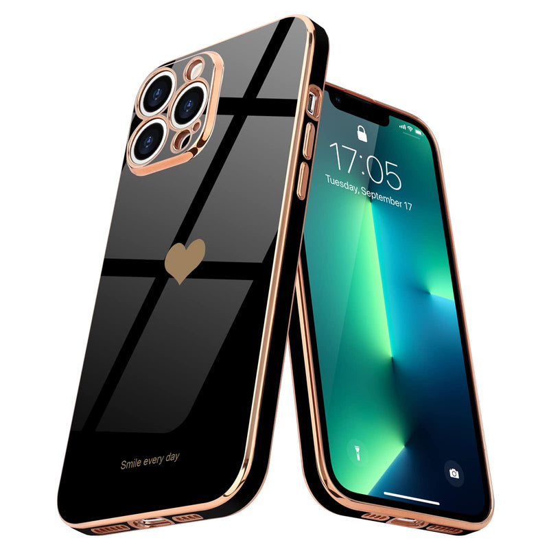 [Australia - AusPower] - Teageo for iPhone 13 Pro Case for Women Girl Cute Love-Heart Luxury Bling Plating Soft Back Cover Raised Full Camera Protection Bumper Silicone Shockproof Phone Case for iPhone 13 Pro, Black 