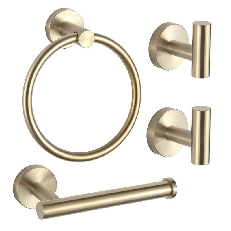 4 PCS Bathroom Hardware Set，Brushed Gold SUS304 Stainless Steel Wall Mounted Bathroom Accessories Gold Kit Include Hand Towel Ring,Brushed Gold Toilet Paper Holder,and 2 Robe Towel Hooks Brushed Gold