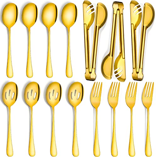 Patelai 15-piece gold stainless steel serving utensil set for buffet, includes spoons, tongs, and serving forks on a white background.