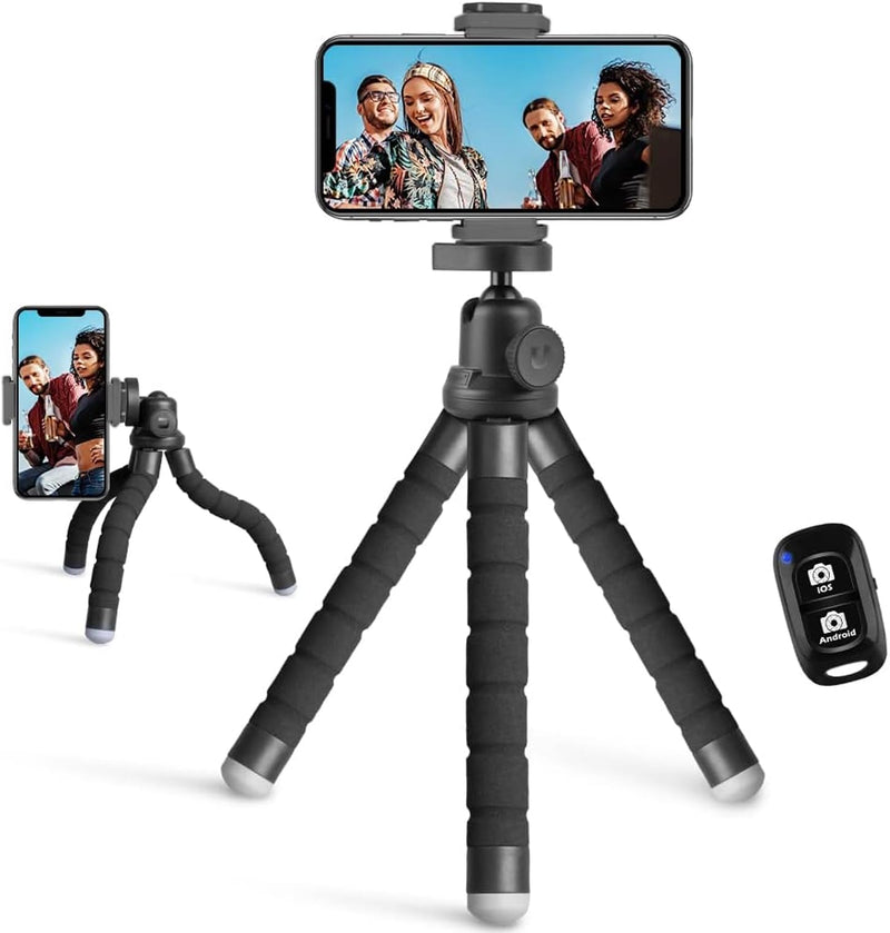 [Australia - AusPower] - UBeesize Phone Tripod, Portable and Flexible Tripod with Wireless Remote and Clip, Cell Phone Tripod Stand for Video Recording(Black) Black Sponge 