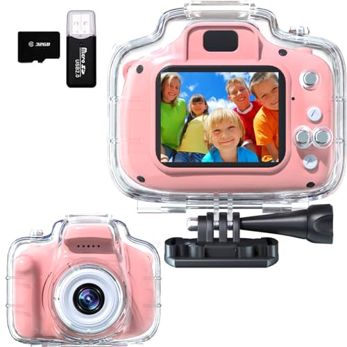 Kids Underwater Camera 12MP 1080P Digital Camera with 32GB Card & Case Pink