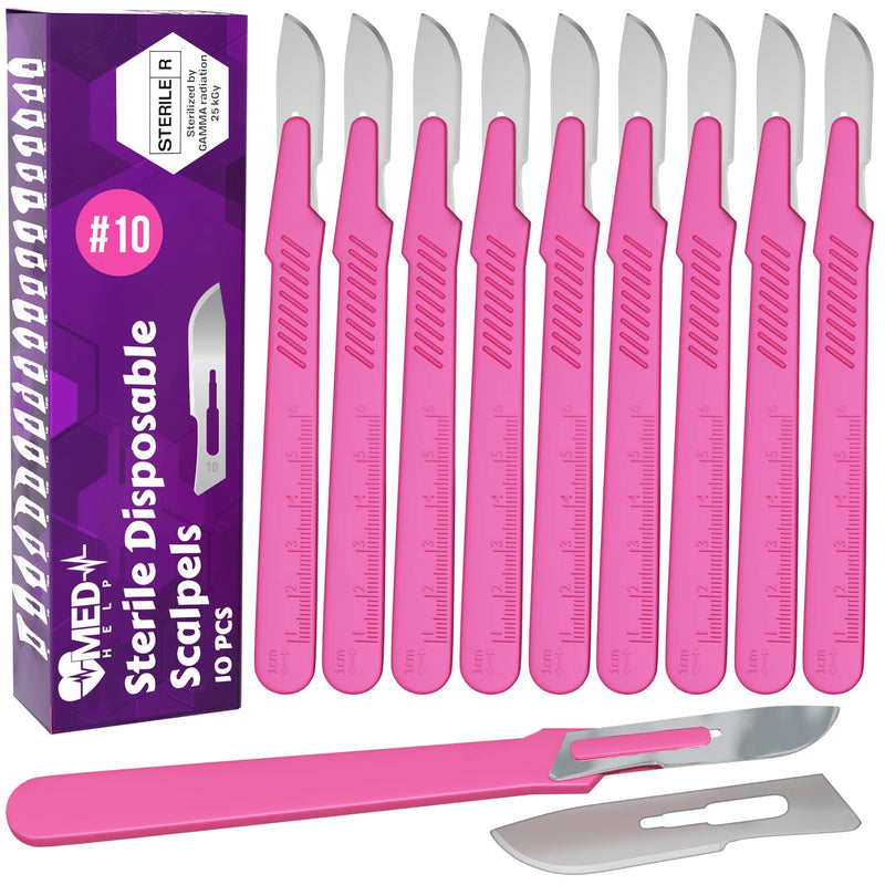 [Australia - AusPower] - Disposable Scalpel 10 Dermaplaning Tool Scalpel Blades with Pink Plastic Handle, High Carbon Steel Dermablade Blades. Individually Wrapped #10 Surgical Blades ? Box of 10 #10 - Pack of 10 