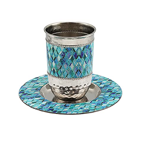 Emanuel Kiddush Cup Set Stainless Steel and Colorful Enamel for Shabbat and Yom Tov (Blue Mosaic CT-12) Blue Mosaic CT-12