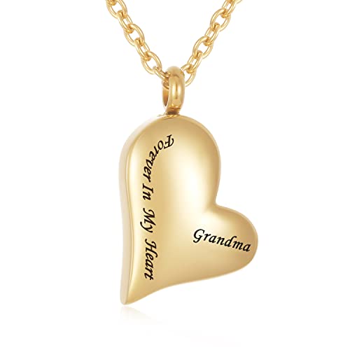Heart Cremation Urn Necklaces for Ashes 'Forever in My Heart' Engraved Dad Mom Grandpa Grandma Keepsake Jewelry for Ashes Holder Human Ashes Locket Memorial Urn Pendant Necklace Gold-Grandma