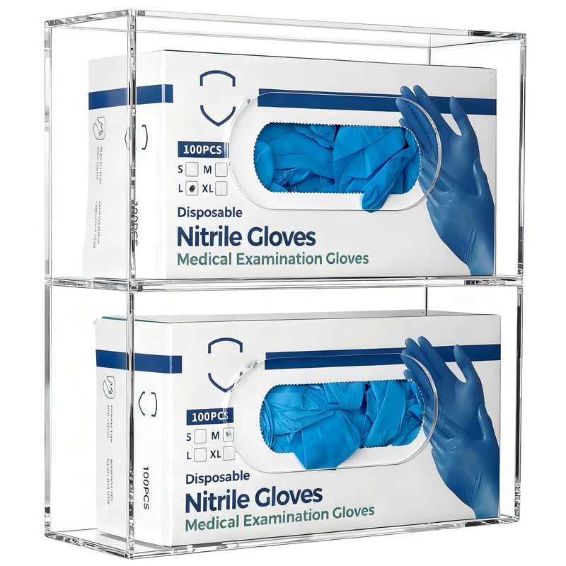 Double Glove Box Holder Wall Mount, Side-Load Acrylic Glove Dispenser - Clear Medical Storage Organizer for Lab, Hospital, Kitchen,- 10 x 3.54 x 10.6 IN - Quick Access & Easy Refill Double