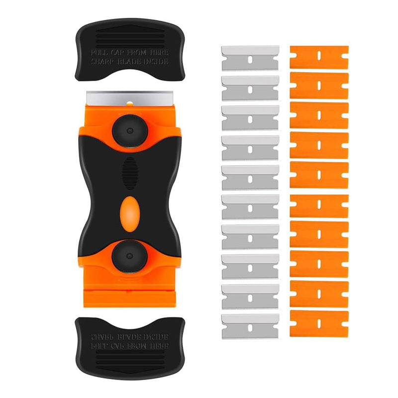 Razor Blade Scraper, 2-in-1 Plastic Scraper Tool with 20 Razor Blades, Multi-funtional Cleaning Razor Scraper for Paint, Label, Decal, Sticker Remover, Gum, Caulk, Adhesive Removal, Cooktop, Wallpaper Orange