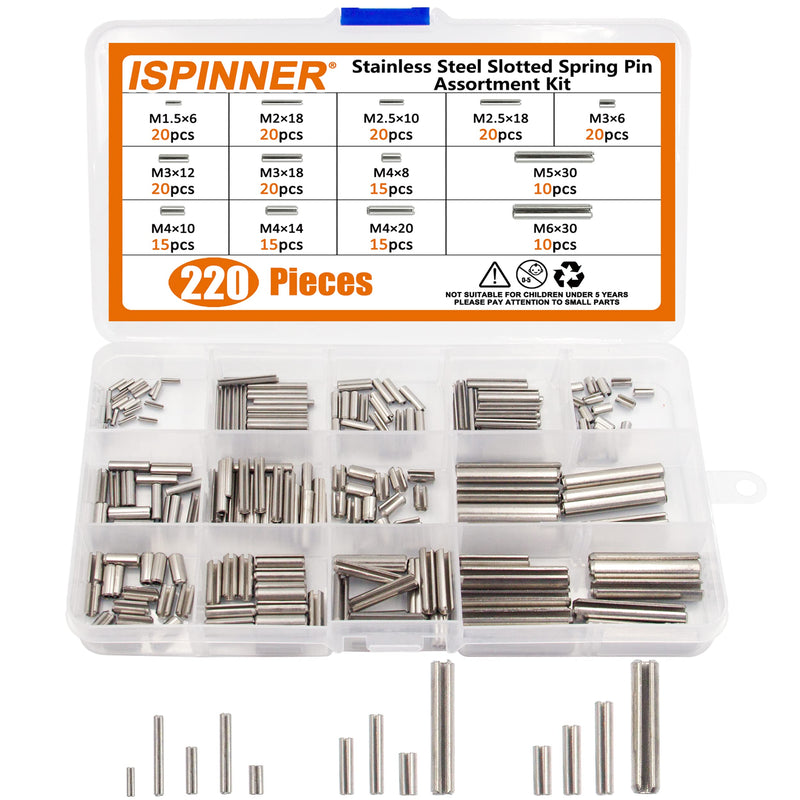 ISPINNER 220pcs Roll Pin Set, Stainless Steel Slotted Spring Pin Assortment Kit M1.5 M2 M2.5 M3 M4 M5 M6