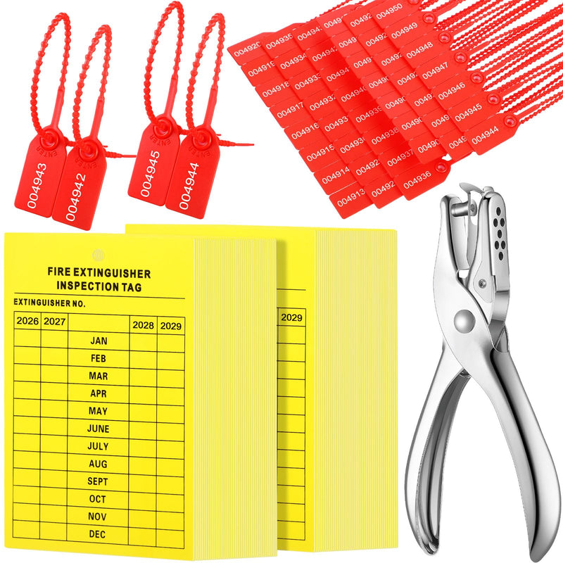 101 Pieces Monthly Fire Extinguisher Inspection Tags Eye Wash AED 4 Years Maintenance Tags and Plastic Tamper Seals Numbered Security Tags with Handheld Hole Puncher (Red, Yellow,Fire Extinguisher) Red, Yellow
