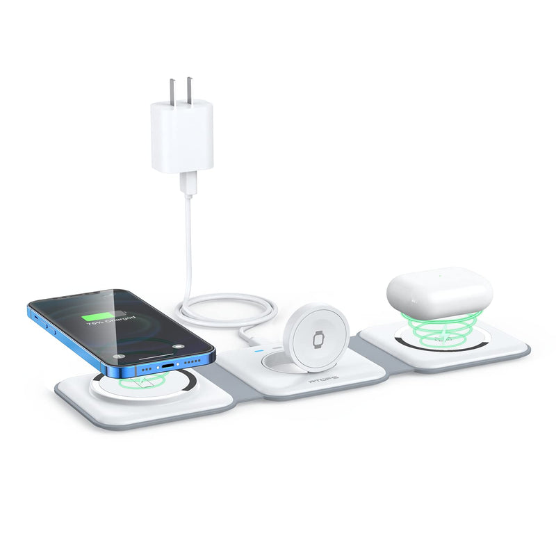 Wireless Charger 3 in 1,RTOPS Magnetic Travel Wireless Charging Station Multiple Devices,GaN 3 in 1 Charging Station,Compatible for iPhone15/14/13/12/Pro/Max,iWatch,AirPods 3/2/Pro(Adapter Includes) white