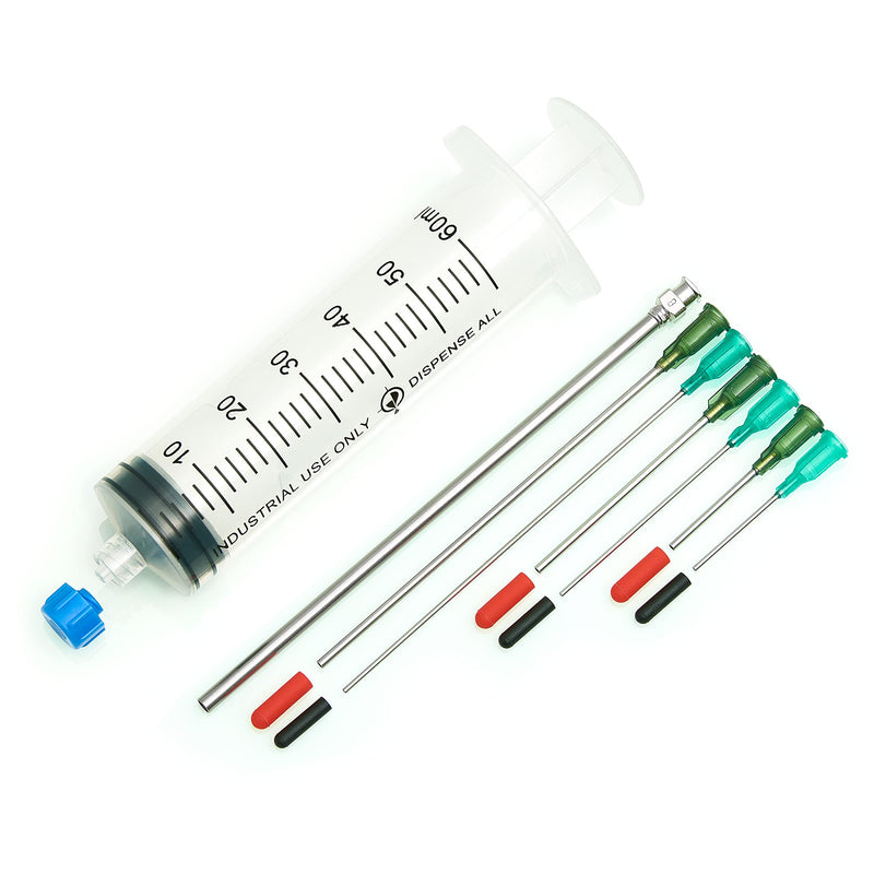 [Australia - AusPower] - The Single 60ml - All-Purpose Industrial Syringe Kit with 7 Dispensing Tips; 5" 8g, 4" + 2" + 1" 14g and 18g, 1 Easy Grip Syringe Cap, 6 Tip Covers 