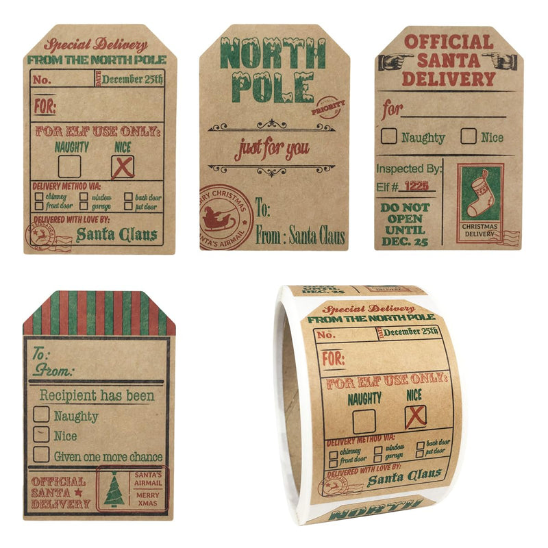 Natural Kraft from Santa Claus Stickers – 2 x 3 Inch Vintage Christmas Gift Tags, Set of 25 Labels – Eco-Friendly Holiday Wrapping, Made in The USA