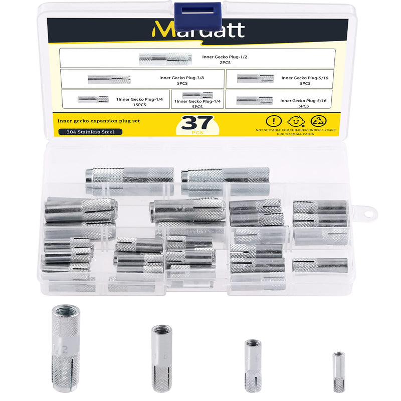 [Australia - AusPower] - 37 Pcs Zinc Plated Metal Knurled Drop in Anchor Assortment Set, 1/4", 5/16", 3/8", 1/2" Concrete Expansion Drop-in Anchors Kit 1/4", 5/16", 3/8", 1/2" Set 