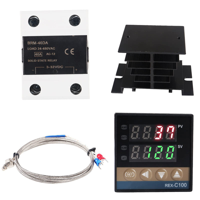 [Australia - AusPower] - Digital PID Temperature Controller REX-C100 PID Thermostat Temperature Controller Digital REX C100 with 40DA SSR Relay K Thermocouple Probe RKC and Black Heat Sink 40DA Black 